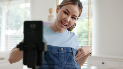 Asia people go green woman selfie live video vlog talk online teach make craft DIY eco second hand...