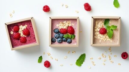 Paper boxes filled with fresh berries, ancient grains, and smoothies on a white background. Healthy smoothies, oats, and berries. Healthy food. Flat lay, top view