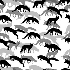 seamless pattern of black silhouettes of foxes on a white background