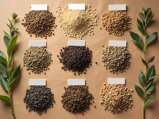 Flatlay of Exotic Plant Seeds with Blank Tags: Flatlay of rare and exotic plant seeds placed in small piles with blank name tags on a kraft paper background for a botanical collection feel.