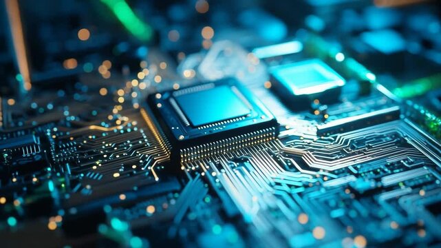 Detailed close-up of a microchip on a circuit board with glowing elements at night