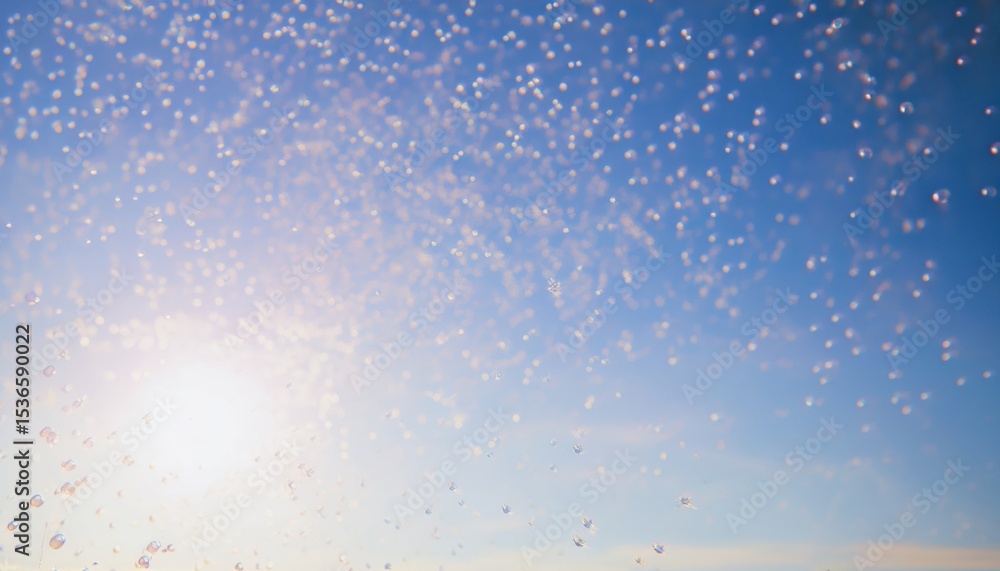 Poster sunlit soap bubbles floating against clear blue sky with soft sunlight flare and dreamy bokeh effect