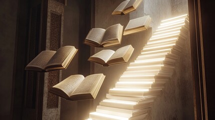 Glowing book-staircase ascends in a dimly lit, ornate chamber; several open books float mid-air, illuminated by a radiant light emanating from the 