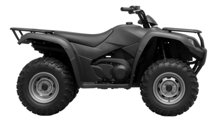 Black all-terrain vehicle with large tires and sturdy frame displayed from the side on transparent background.