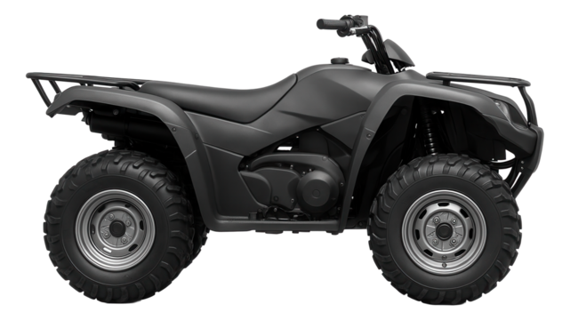 Black all-terrain vehicle with large tires and sturdy frame displayed from the side on transparent background.