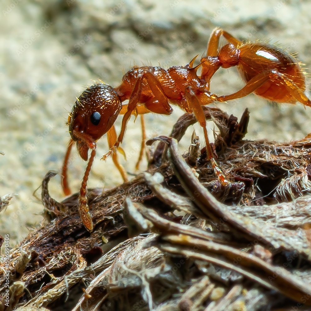 Poster close-up view of an ant interacting with its environment on a natural surface during daytime in a fo