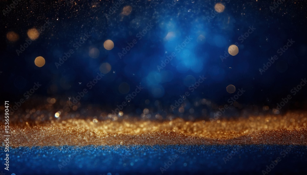 Poster sparkling blue and gold glitter particles in abstract bokeh background with shimmering light and dep