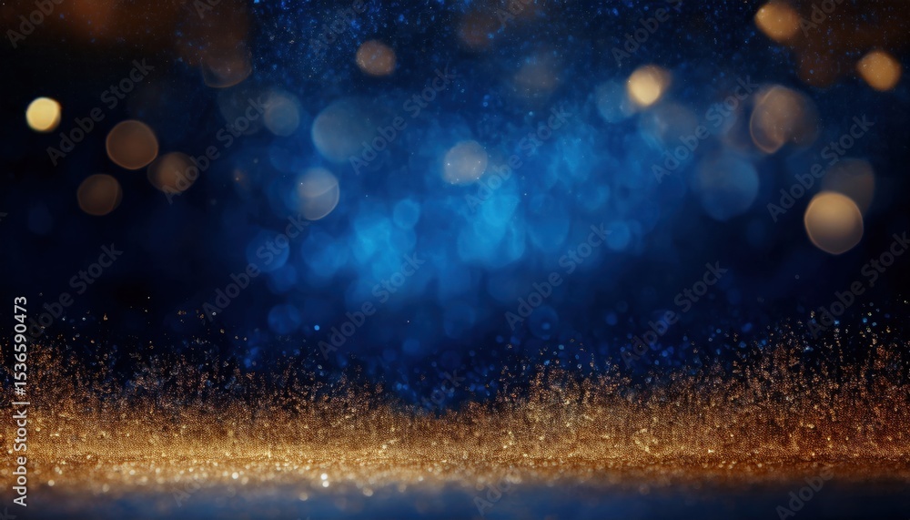 Poster sparkling blue and gold glitter particles in abstract bokeh background with shimmering light and dep