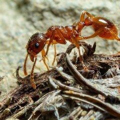 Close-up view of an ant interacting with its environment on a natural surface during daytime in a forest habitat