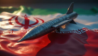 Iranian Missile on National Flag Close Up of Military Weaponry and Geopolitics