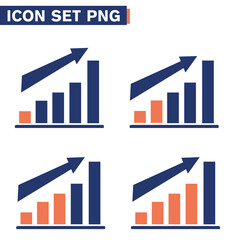 Grafico a barre con tendenza in aumento e freccia ARANCIONE, concetto dinamico negativo o positivo, 4 diverse icone  indicatori di mercato o economici - illustrazioni SET