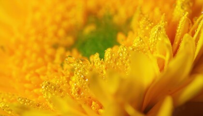 macro view of vibrant yellow chrysanthemum petals with morning dew droplets and green center, perfect for organic branding, floral packaging, web banner or nature themed print design

