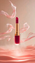 Image of lipstick tube floating above soft mist surrounded by silky thin veils of ribbons, product presentation.