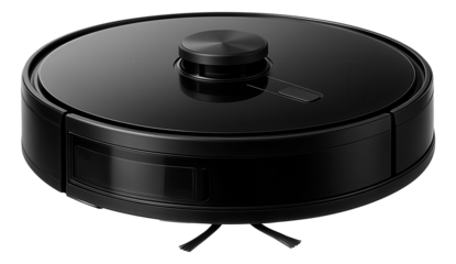 Black circular robotic vacuum cleaner with a sleek design and rotating brush underneath on transparent background.
