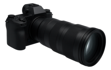 Professional black DSLR camera with a large telephoto lens for advanced photography on transparent background.