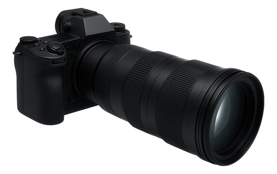 Professional black DSLR camera with a large telephoto lens for advanced photography on transparent background.