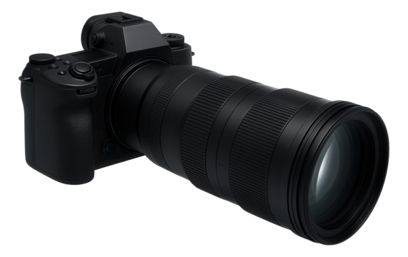 Professional black DSLR camera with a large telephoto lens for advanced photography on transparent background.