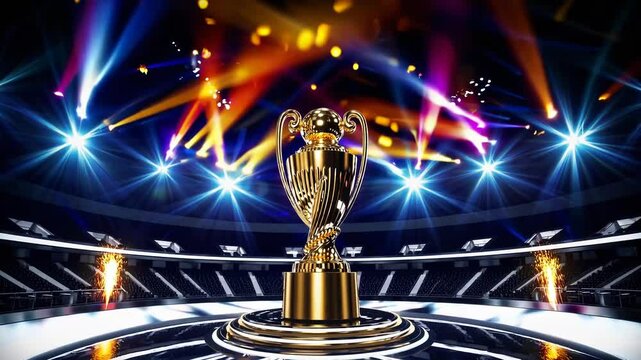 Exciting championship trophy presentation in a vibrant arena with dazzling lights and vibrant atmosphere