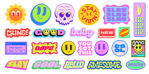 Cool Y2k Stickers Vector Elements Set. Collection Of Funny Pop Art Patches. Groovy Graphics. Cute 2000s Badges.