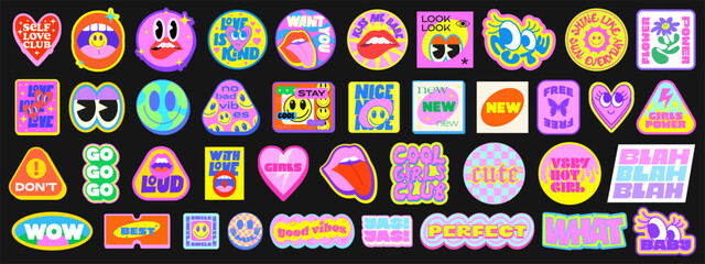Naklejka na ściany i meble Cool Y2k Girly Stickers Vector Elements Set. Collection Of Funny Pop Art Patches. Groovy Graphics. Cute 2000s Badges