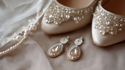 Detailed close-up of wedding accessories such as a pearl veil, statement earrings, or embellished shoes against a soft fabric background, emphasizing texture and design