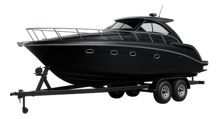 Sleek black motorboat with chrome accents on a dual-axle trailer, showcasing modern nautical design on transparent background.
