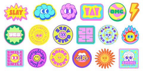 Set Of Cool Kawai Stickers Vector Design. Collection Of Pop Art Cute Y2k Cartoon Patches.