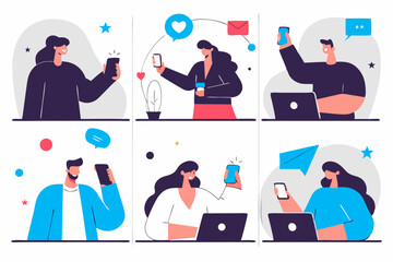 Fototapeta premium Social Media Marketing illustrations. 6 set. Collection of scenes with men and women taking part in business activities. Trendy vector style
