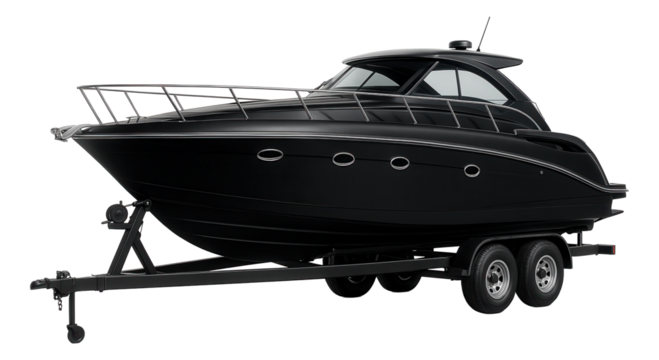 Sleek black motorboat with chrome accents on a dual-axle trailer, showcasing modern nautical design on transparent background.