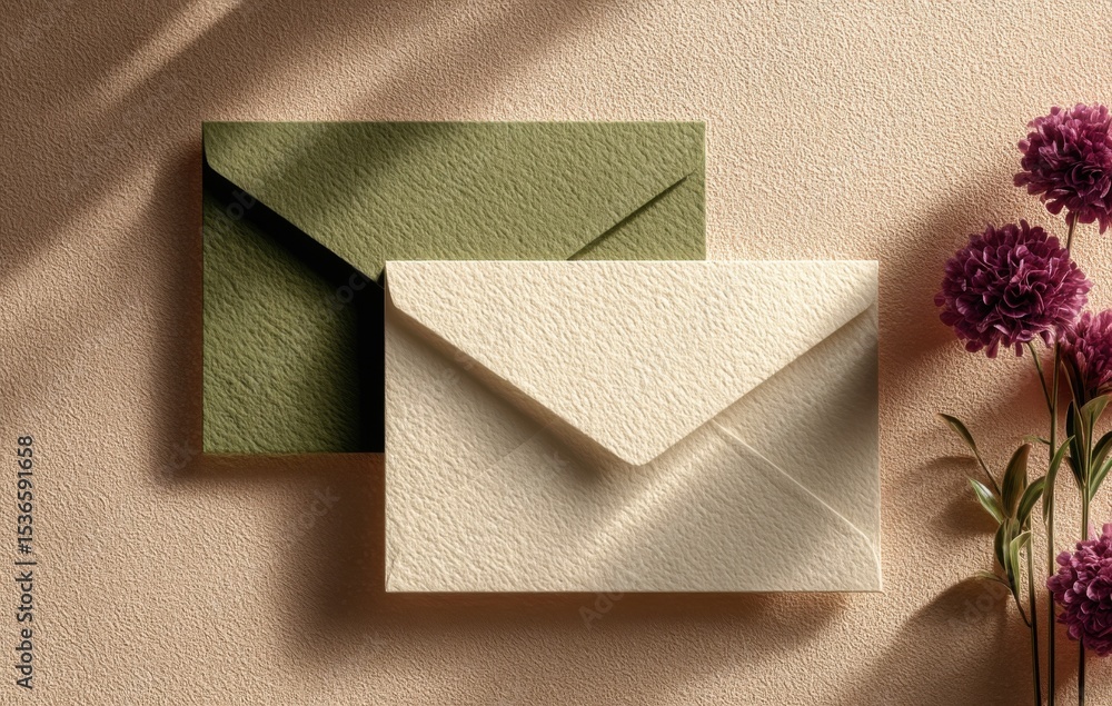 Poster Elegant Envelopes in Olive and Cream With Floral Accent, Ideal for Invitations and Personalized Communication Representing Sincerity and Connection : Generative AI