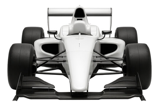 Fototapeta Front view of a sleek, aerodynamic Formula 1-style race car with large tires and prominent wings on a transparent background.