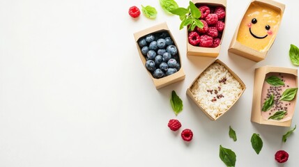 Paper boxes filled with fresh berries, ancient grains, and smoothies on a white background. Healthy smoothies, oats, and berries. Healthy food. Flat lay, top view