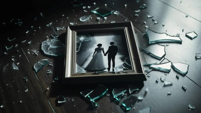 Broken wedding photo among shards of glass on dark wooden floor captures a moment of lost love and heartbreak