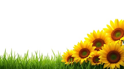 Summer background with bright sunflowers and fresh green grass in the corner, isolated on a white background with and free copy space for text.
