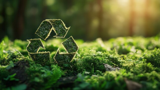 Recycling symbol in lush green forest - Powered by Adobe