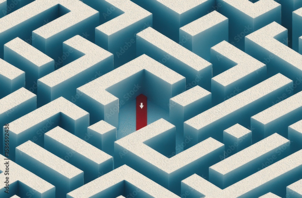 Poster Isometric Maze With Red Arrow Guiding the Way, Representing Strategic Direction and Problem Solving in Business and Career Development : Generative AI