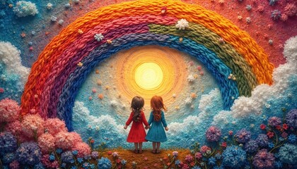 Illustration two girls standing before rainbow, supporting mental health awareness. Bright colours, art-like texture. Visual metaphor for hope, community. Therapy, connection, well-being, support,