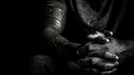 Focus on the subject's hands clasped together or resting on his lap, with lighting that casts intricate shadows, adding depth and narrative to the composition