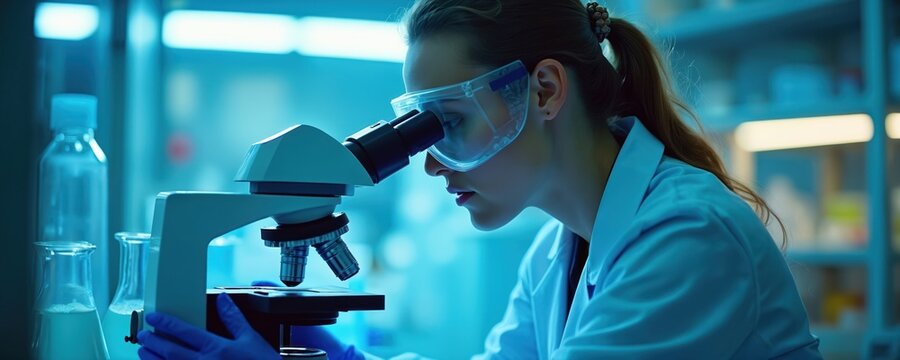 Female scientist examines sample under microscope. Researcher wears protective goggles gloves lab coat in laboratory. Science experiment, research process in modern lab. Medical tech.