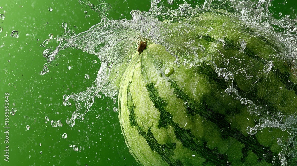 Poster watermelon splashed with water against green backdrop, representing refreshment and summer promotion