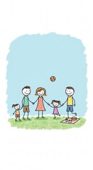 Fototapeta premium Cartoon family picnic with ball, blanket, and food on a grassy field under a blue sky