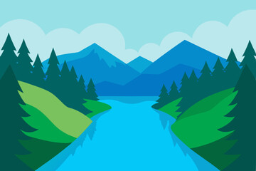 Summer mountain landscape with a serene lake reflecting the sky, trees, and snowy peaks