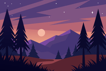 Fototapeta premium Winter night landscape vector with mountains, trees, and a starry sky