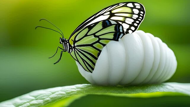 A butterfly with yellow and black wings emerging from a white chrysalis on a green leaf, symbolizing transformation and nature's beauty.