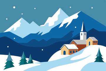 Winter landscape with snow-covered houses, a church, and evergreen trees nestled in a peaceful mountain village scene, perfect for a holiday greeting card