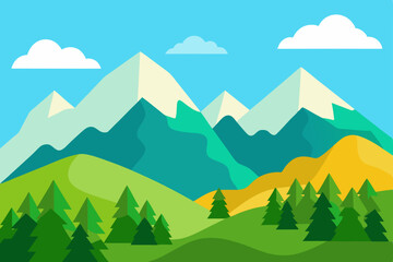 Naklejka premium Natural mountain landscape with green trees, blue sky, and white clouds