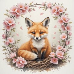 Fototapeta premium Vibrant Fox Surrounded by Delicate Pink Flowers in a Serene Spring Setting
