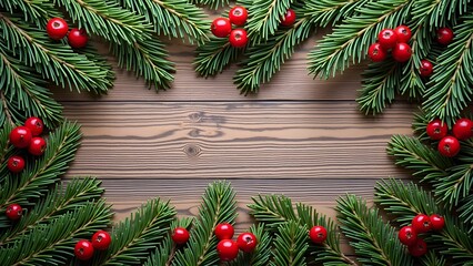 Christmas Pine Branches with Red Berries over Rustic Wooden Background