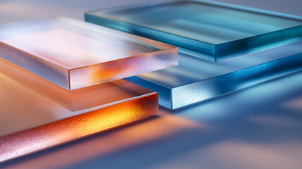 Abstract glass wall with iridescent reflections and layered textures, featuring modern architectural design elements and vibrant colors. Ideal for interior design or branding visuals.