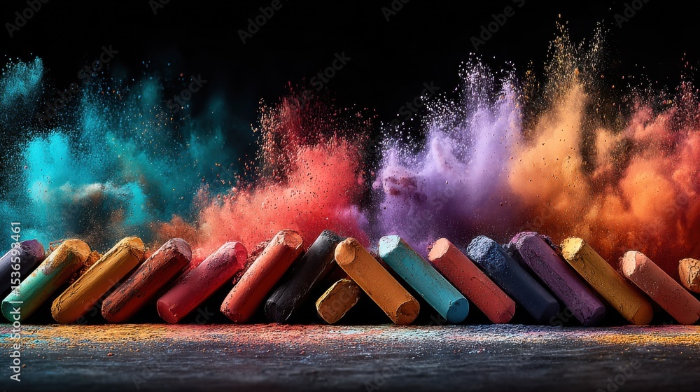 Poster Colorful Chalk Pastels Arranged With Exploding Pigment, Representing Artistic Expression and Creative Education, Ideal for Back to School Marketing : Generative AI